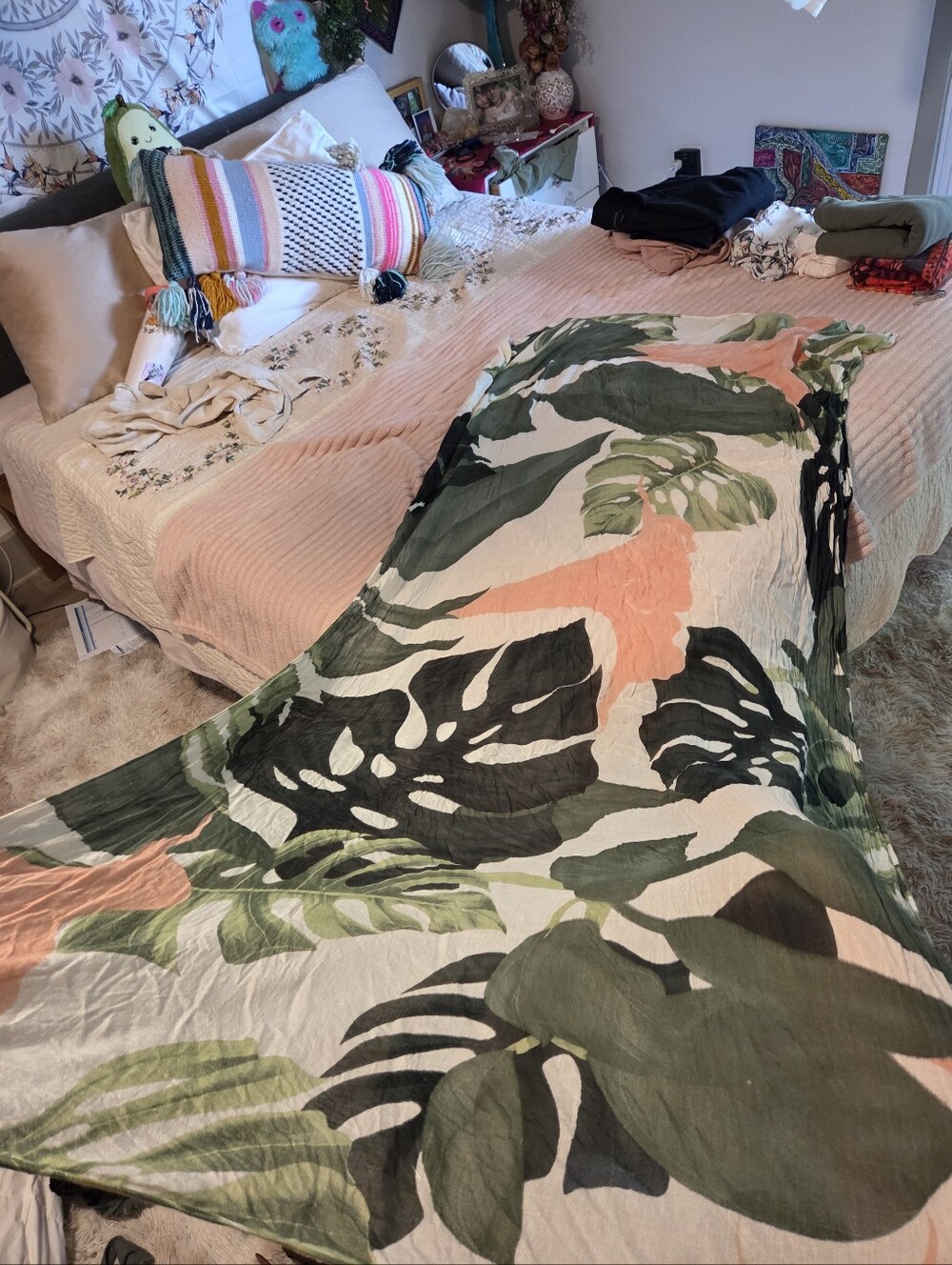 Botanical Print Pink And Green Beach Cover Up / Sarong